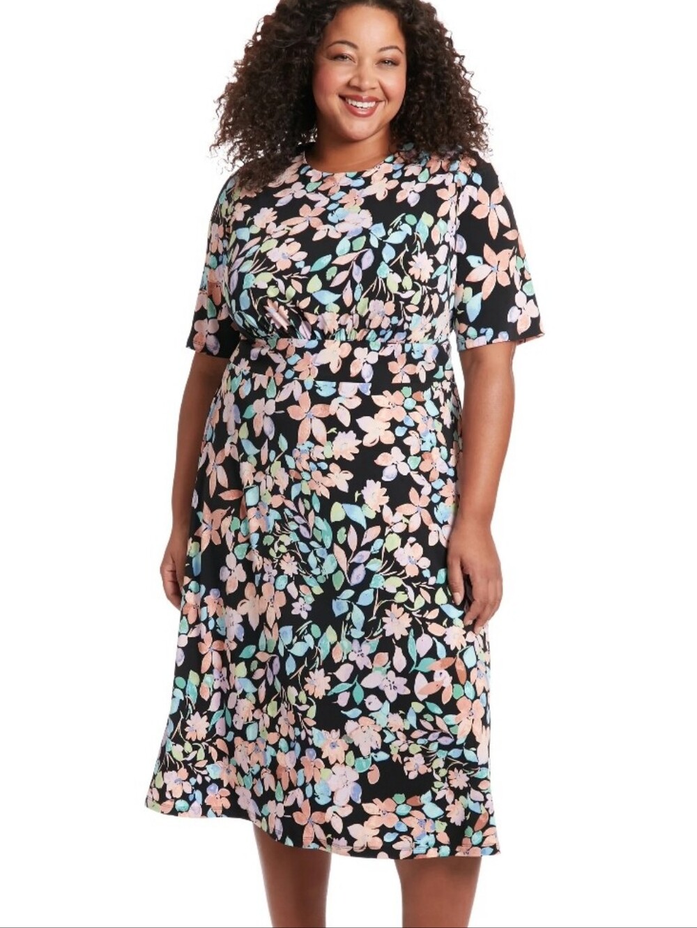 London Times Woman NWT $99 Black Multicolor Floral Midi Dress Plus Size 22W